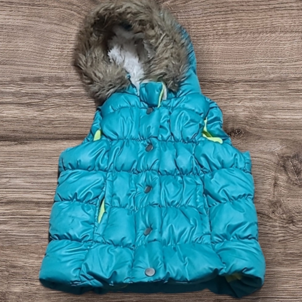 GIRL'S DOUBLE DEER HOODED PUFFY VEST FAUX FUR TURQUOISE SIZE S (6-6X)